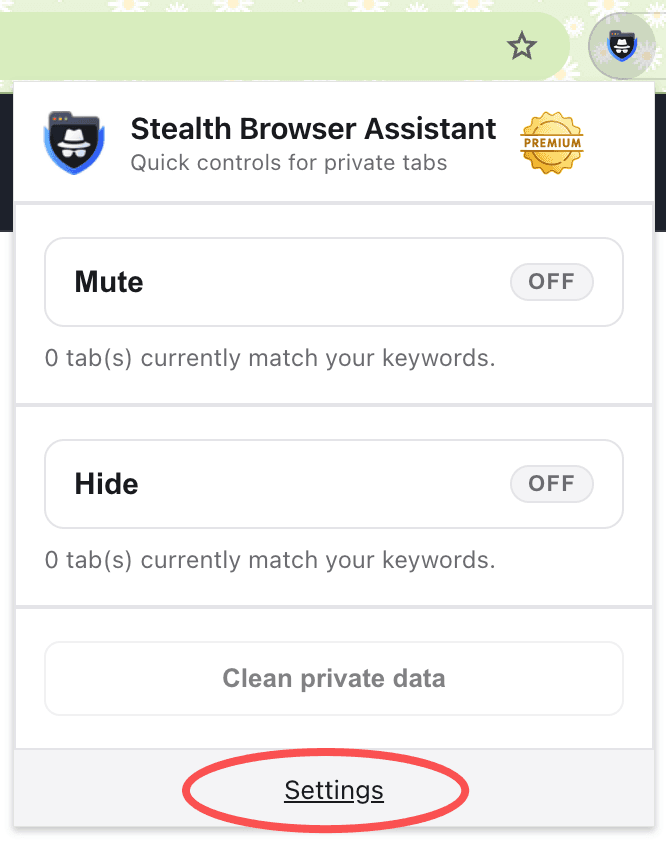浏览器工具栏与突出显示 Settings 的 SBA popup