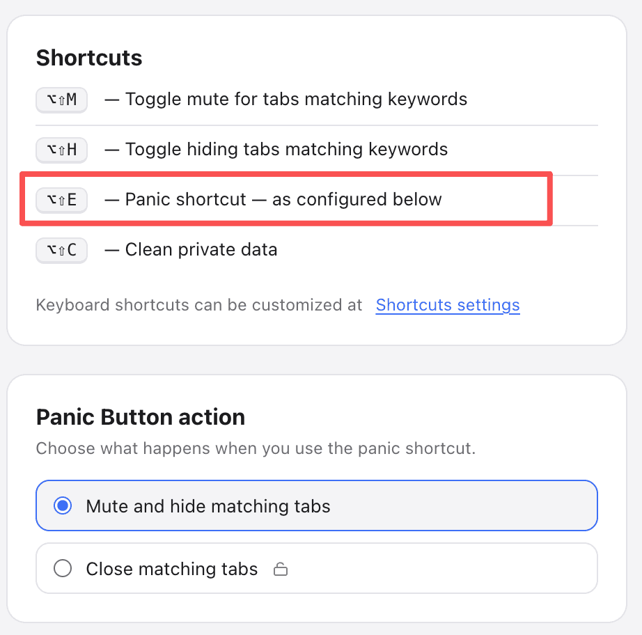SBA Settings 中的 Panic Button action 选项