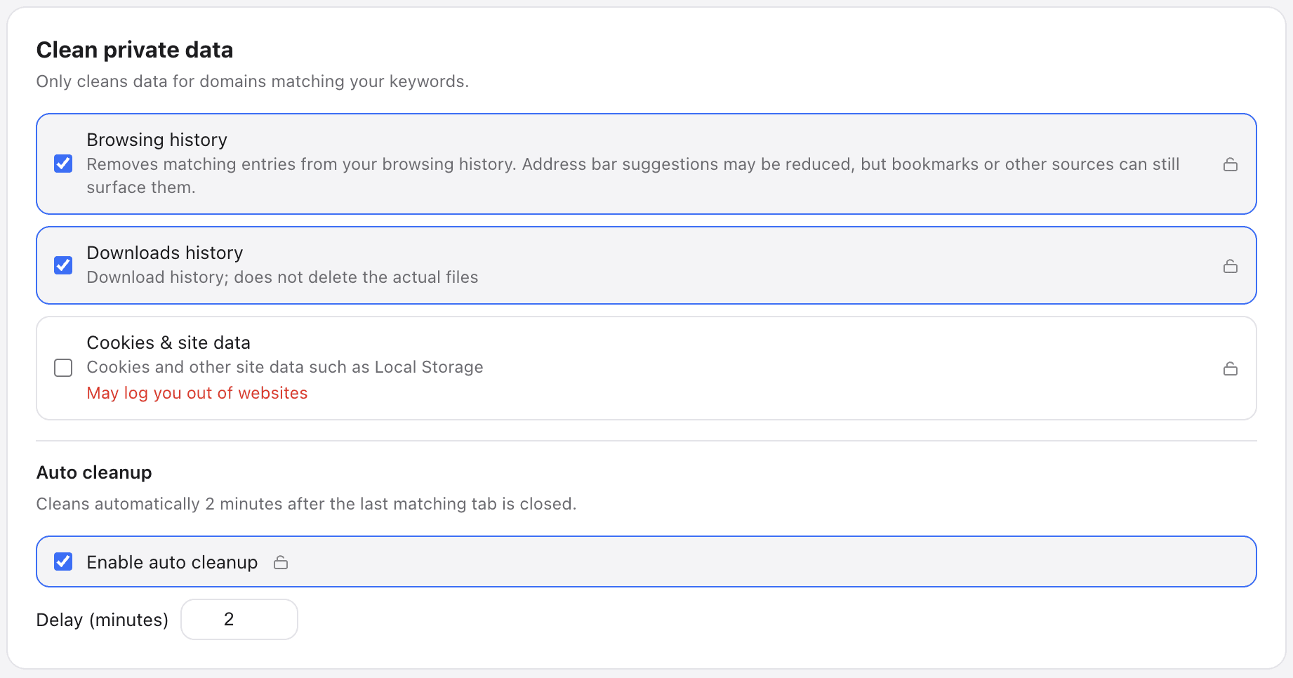 SBA Settings 中的 Clean private data 与 Auto cleanup