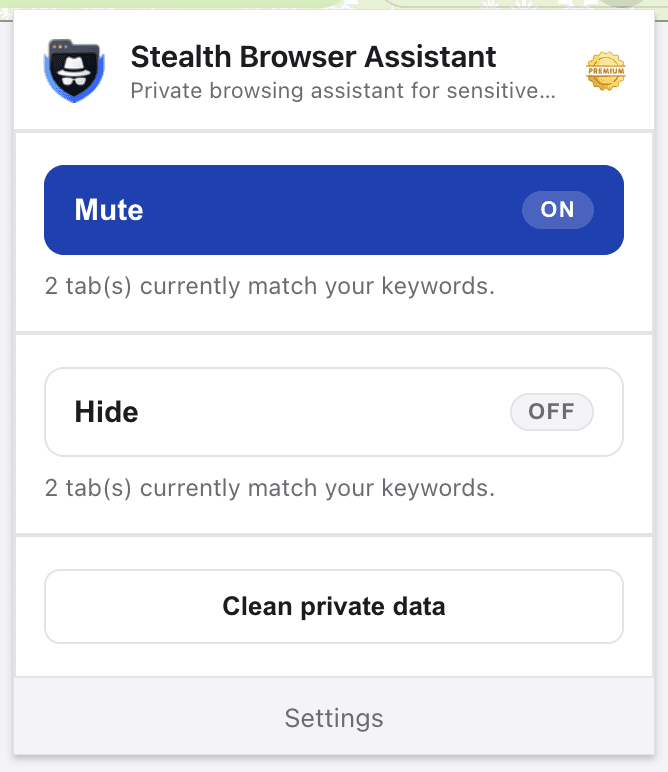 Stealth Browser Assistant popup showing the Mute Tabs action