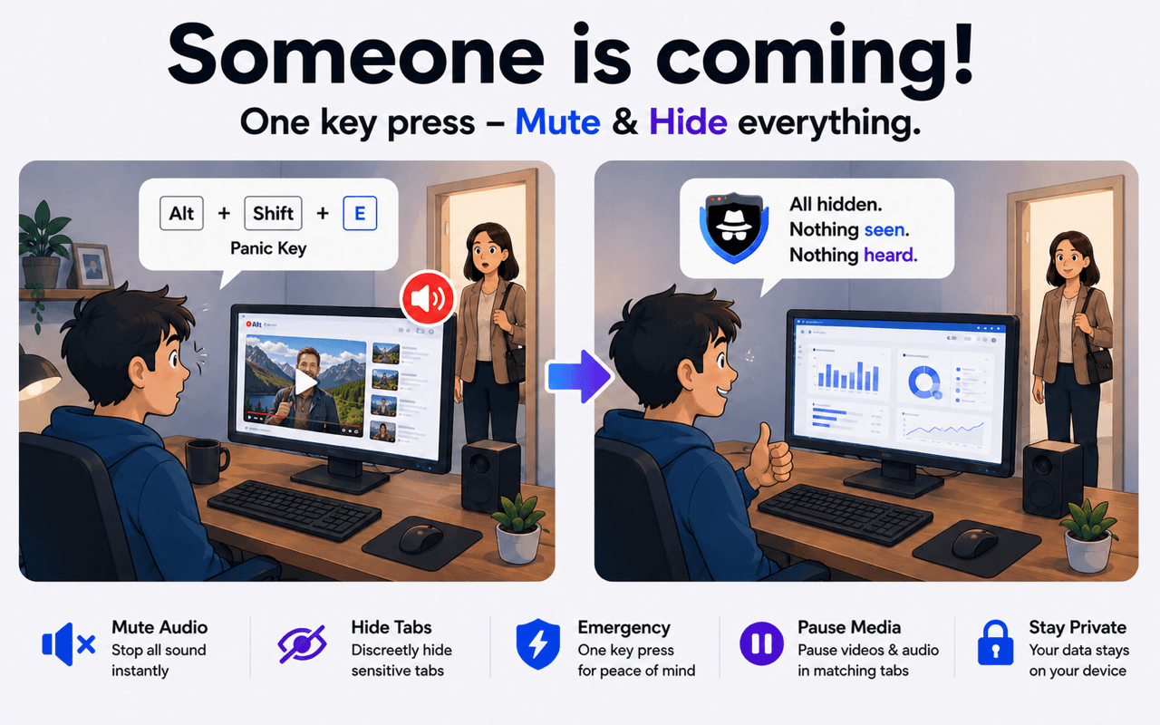 Stealth Browser Assistant panic button hiding and muting matching browser tabs when someone approaches